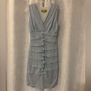 Nicole Miller Navy and White with Silvery Shimmer Striped Midi Dress